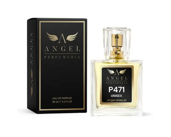 Elegancki perfum 30 ml marki Angel, P471 Unisex, w szklanym flakonie z atomizerem i czarnym, złotym pudełkiem.