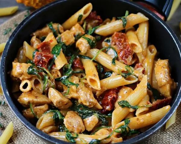 Makaron penne z kurczakiem, szpinakiem i suszonymi pomidorami w sosie.