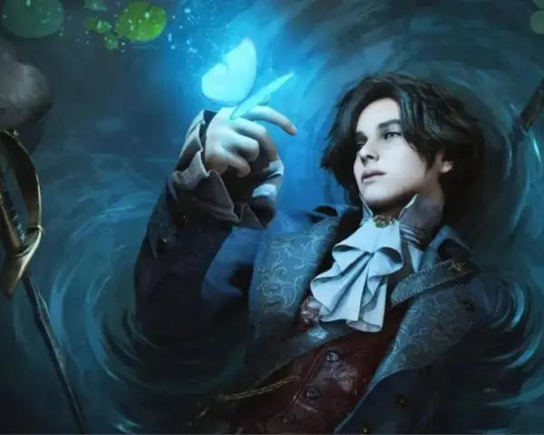 Un joven con un traje elegante interactúa con una mariposa luminosa, evocando la atmósfera de los vinilos de Lies of P.