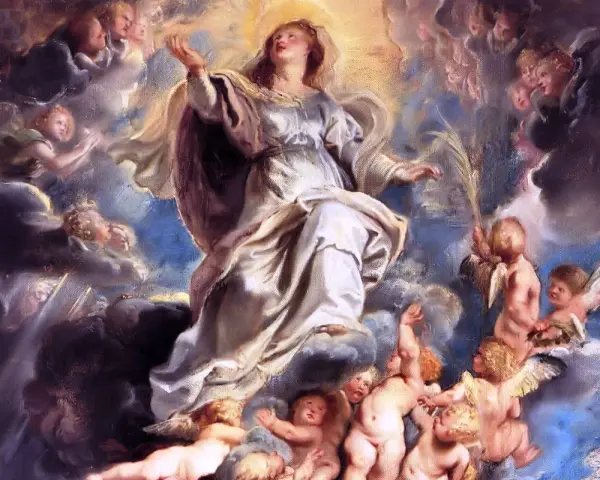 Wniebowzięcie Najświętszej Maryi Panny wśród aniołów i chmur. Jej postać otoczona jest blaskiem, a wokół niej unoszą się liczne putta.
