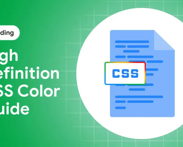 Przewodnik po kolorach CSS, z tekstem "CSS" w ramce z kolorami RGB.