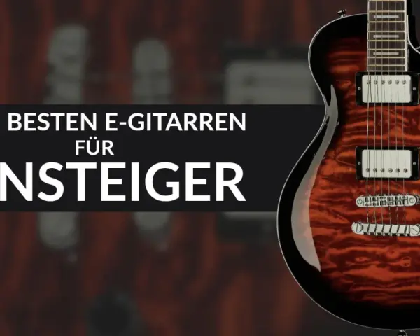 E-Gitarre mit Flammenmuster und Text "Die besten E-Gitarren für Einsteiger".