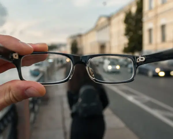 Okulary trzymane przed zamazanym miejskim tłem z samochodami.