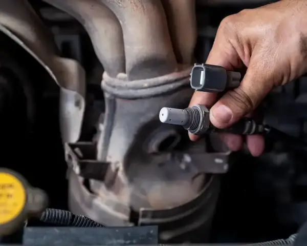 Druga sonda lambda objawy: mechanik trzyma nową sondę lambda przy kolektorze wydechowym.