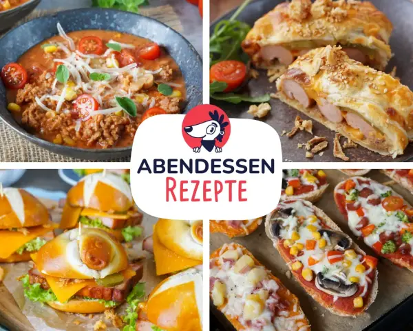 Herzhafte rezepte abendessen warm: deftige Suppe, Würstchen im Blätterteig, Mini-Burger und belegte Brote.