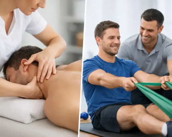 Mann erhält Nackenmassage, ein anderer Mann trainiert mit Theraband. Beide erfahren professionelle manuelle Therapie für Wohlbefinden und Fitness.