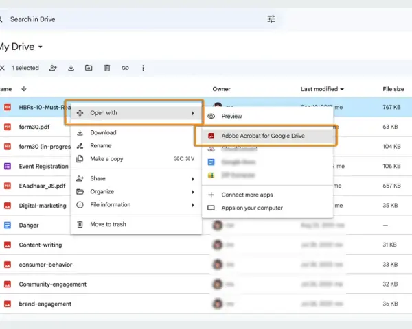 Wybieranie opcji "Otwórz za pomocą Adobe Acrobat dla Google Drive" w chmurze Google.
