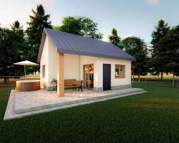 Nowy domek murowany 35m2. Koszt budowy takiego przytulnego domu z bali i jacuzzi na tarasie jest niższy niż myślisz.