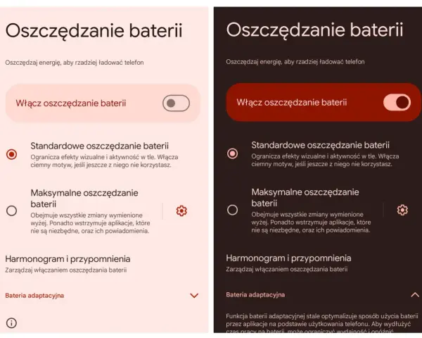 Dwa ekrany telefonu z opcjami oszczędzania baterii. Po lewej jasny motyw, po prawej ciemny. Oba pokazują włączony tryb oszczędzania energii.