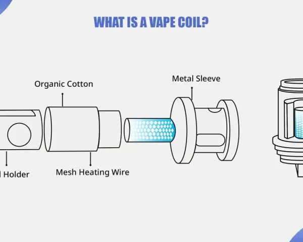 Diagrama de una **mesh coil** de vapeador, mostrando el soporte, algodón orgánico, alambre de calentamiento de malla y la funda metálica.