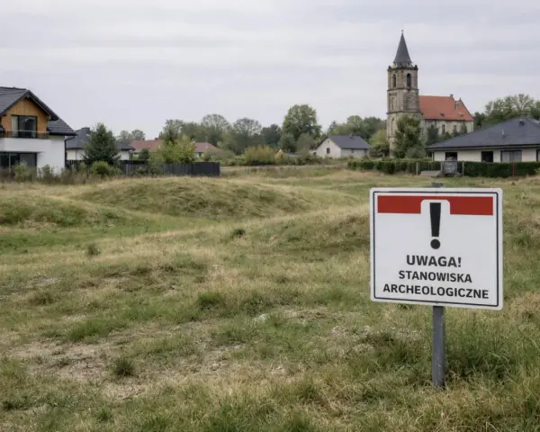 Tablica informuje o stanowiskach archeologicznych. W tle domy i kościół.