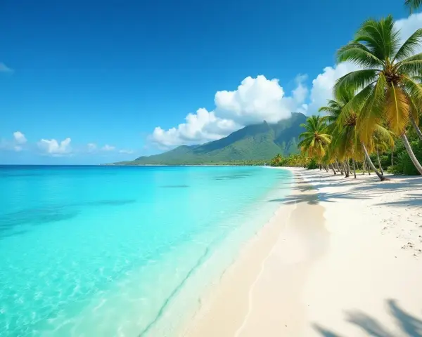 Rajska plaża z palmami i turkusową wodą. Idealna pogoda na Mauritius w listopadzie, słońce i błękitne niebo.