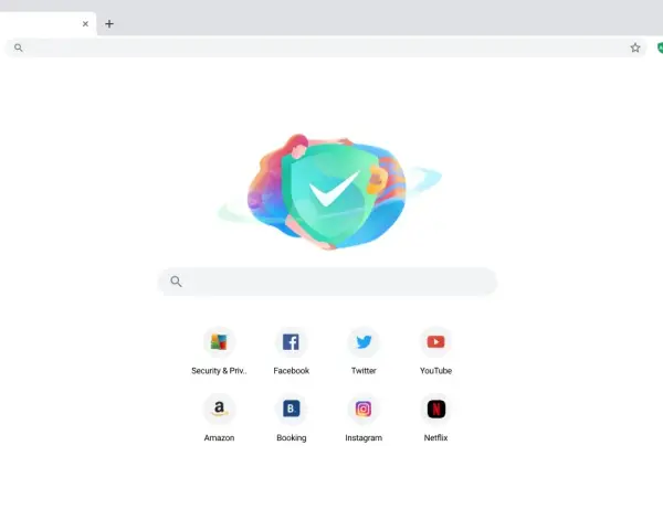 Grafika przedstawia tarczę z zaznaczeniem, symbolizującą bezpieczeństwo w przeglądarce. Ikony popularnych stron jak Facebook, YouTube, Amazon sugerują, że to avg secure browser.