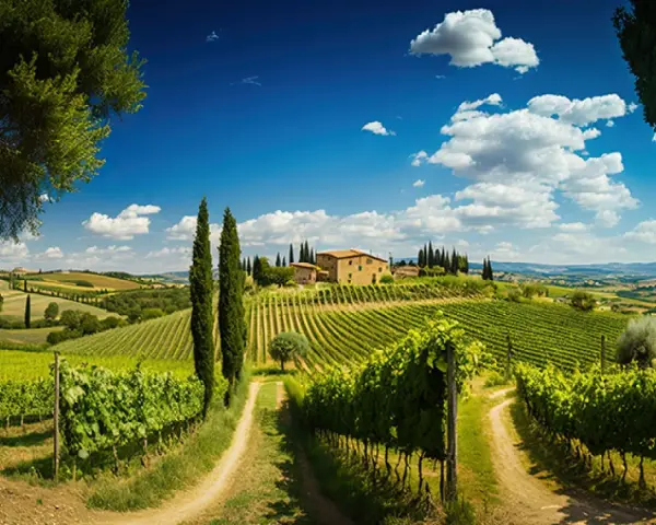 Un incantevole panorama toscano con vigneti rigogliosi, cipressi slanciati e una casa colonica in pietra. Un invito a una **ruta por la Toscana** indimenticabile.
