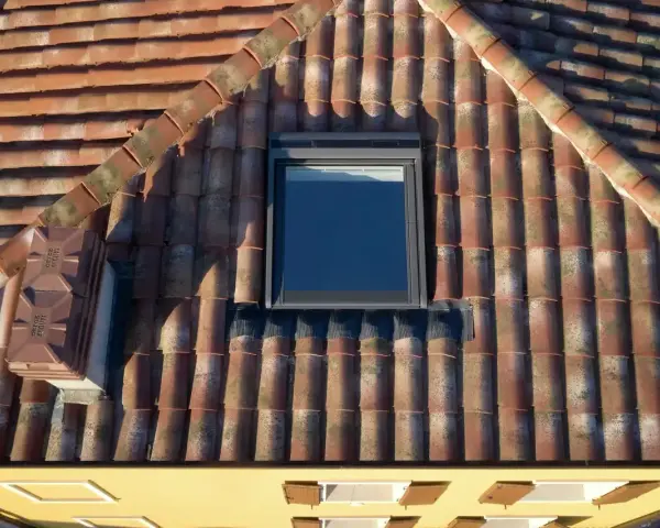 Un tetto in tegole rosse, con una finestra da tetto moderna e un comignolo. Le tegole mostrano segni del tempo, con muschio e licheni che aggiungono carattere.