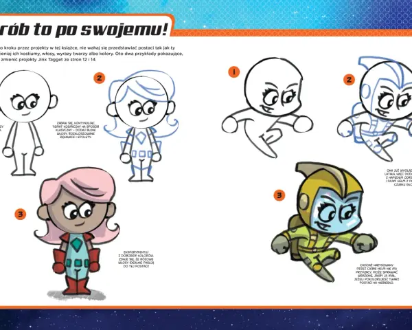 Instrukcja jak narysować komiks świąteczny: szkice postaci, od prostych głów po pełne stroje. Eksperymentuj z kolorami i dodatkami!