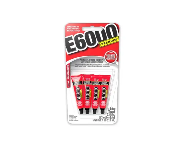 E6000 Premium adhesive bonds plastics like Polycarbonate, PVC, and ABS. This package contains four tubes of clear, industrial-strength contact adhesive.