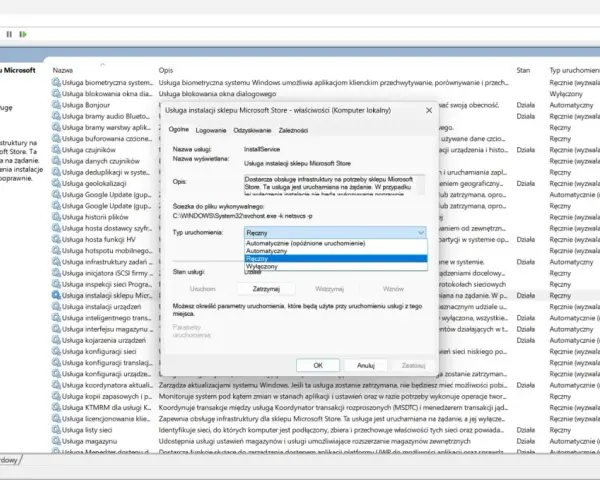 Wyłączanie usługi instalacji sklepu Microsoft Store w celu **windows 11 debloat**.