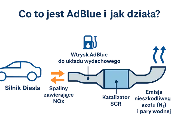 Schema che illustra cos'è AdBlue: iniezione nel sistema di scarico, catalizzatore SCR e emissioni innocue di azoto e vapore acqueo.