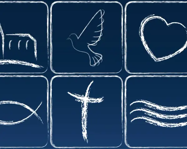 Sechs Symbole: Kirche, Taube, Herz, Fisch, Kreuz und Wellen. Sie repräsentieren das glaubensbekenntnis evangelisch.
