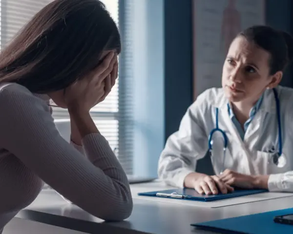 Kobieta w gabinecie lekarskim, ze smutkiem ukrytym w dłoniach, słucha diagnozy. Lekarka z troską pochyla się nad dokumentami, być może omawiając poronienie chybione.
