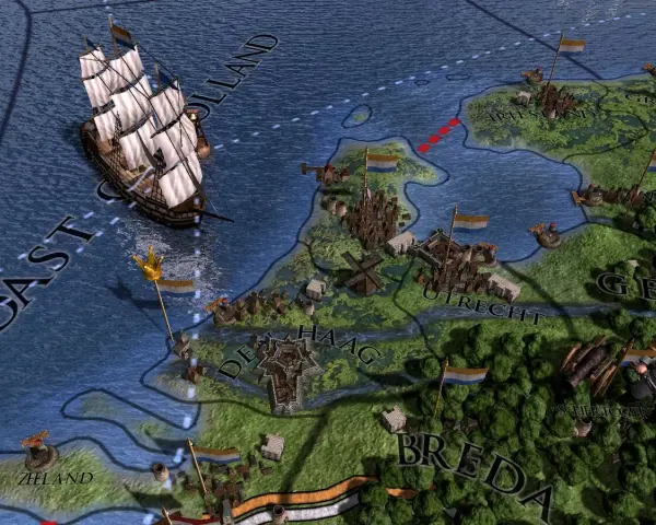 Un barco navega cerca de la costa de Holanda en Europa Universalis IV. ¡Descubre trucos para conquistar Europa!