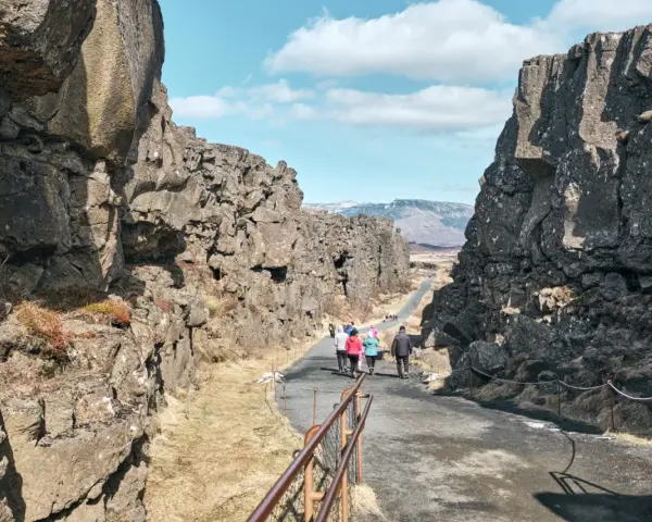 Spacerem przez szczelinę tektoniczną w parku narodowym Þingvellir. Grupa turystów podziwia surowe piękno islandzkiej przyrody.