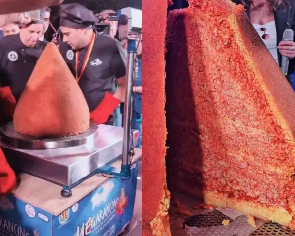A giant arancino is presented, with a slice cut to reveal its rice and meat filling.