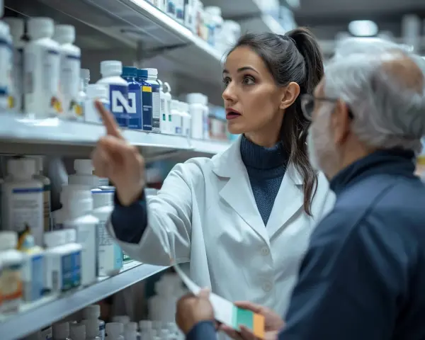 Młody technik farmacji w białym fartuchu wskazuje starszemu panu na lek na półce aptecznej.