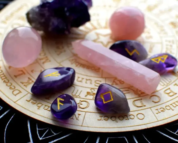 Kamienie z runami, w tym symbol przypominający kobietę skorpiona, leżą na drewnianej tarczy z miesiącami i znakami zodiaku.