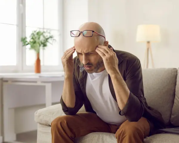 Mężczyzna z bólem głowy, być może objawem problemów z neuropsychologią, siedzi na kanapie, masując skronie.