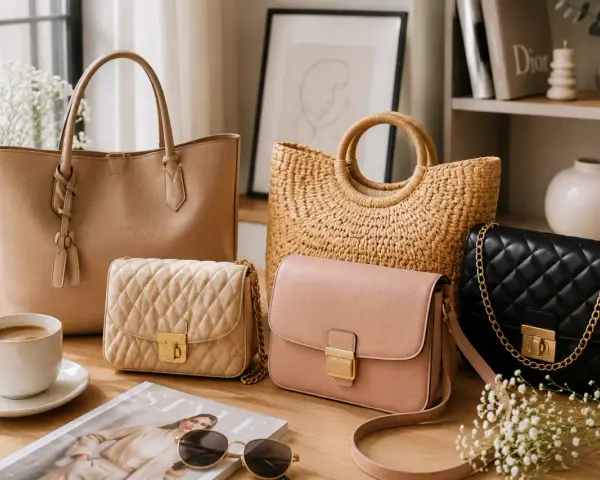 Kolekcja torebek: beżowy shopper, pikowana beżowa kopertówka, pudrowy różowy listonoszka i czarna pikowana torebka na łańcuszku. Znane marki torebek w eleganckiej aranżacji.