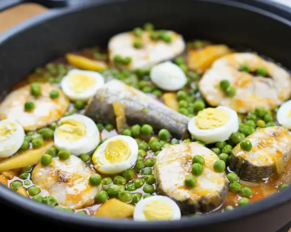 Merluza con guisantes y huevos duros en una sartén. Un plato casero y reconfortante.