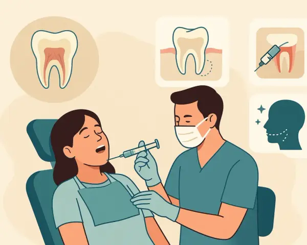 Dentysta podaje znieczulenie, być może propofol, pacjentce. W tle ikony zębów i uśmiechniętej twarzy.