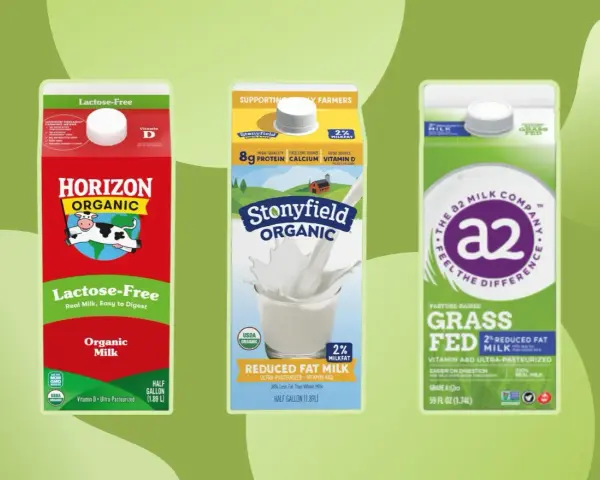 Trzy kartony mleka: Horizon Organic Lactose-Free, Stonyfield Organic Reduced Fat i A2 Milk Company Grass Fed. Które mleko jest najzdrowsze?