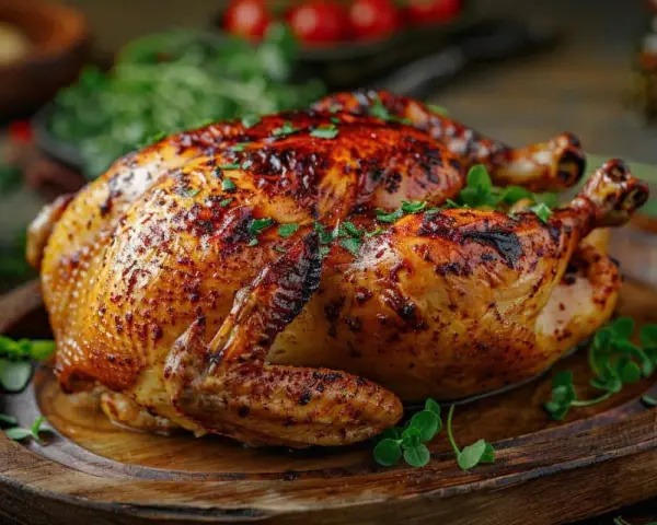 Un appétissant poulet au four, doré et croustillant, garni de persil frais sur un plateau en bois rustique.