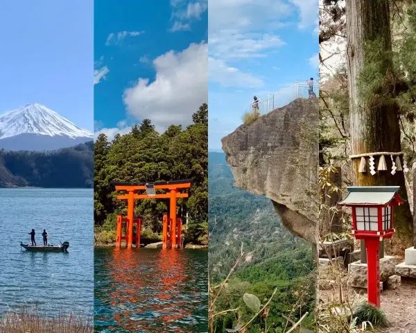 Piękne Japonia widoki: góra Fudżi, czerwona brama torii w wodzie, skalny taras widokowy i latarnia przy drzewie.