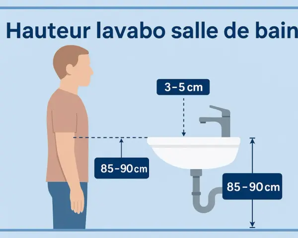 Illustration showing the ideal hauteur lavabo pmr : 85-90 cm du sol au bord, et 3-5 cm entre le robinet et le lavabo.