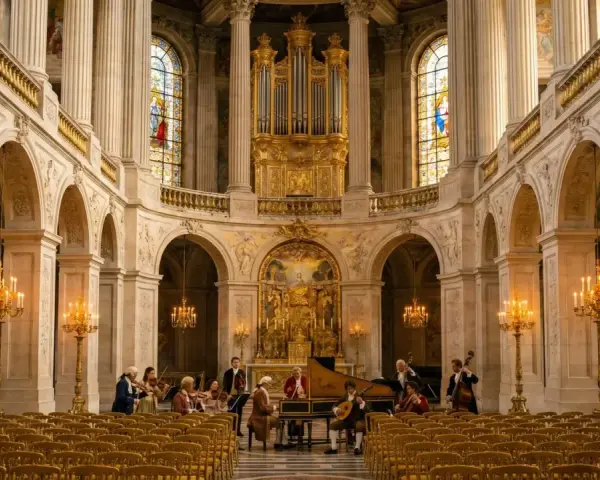Un orchestre joue dans la chapelle royale de Versailles, devant un orgue doré et des vitraux.