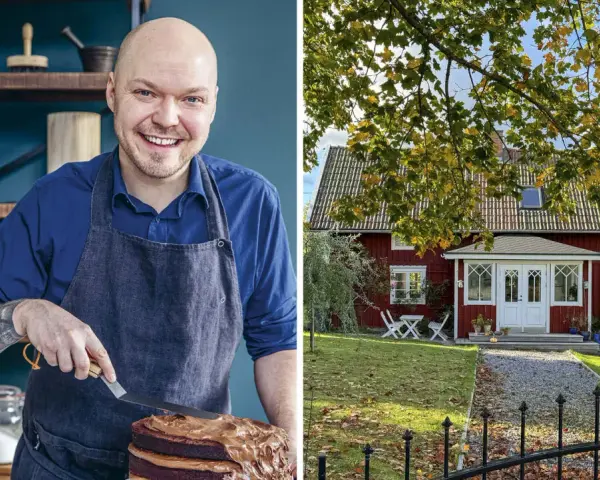 Fredriks fika: En glad bagare med en chokladtårta och ett rött hus i höstsol.