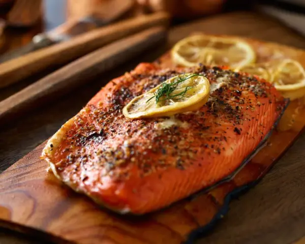 Perfekt gegarter Lachs auf Holzbrett, garniert mit Zitrone und Dill. Die ideale lachs kerntemperatur sorgt für saftigen Genuss.