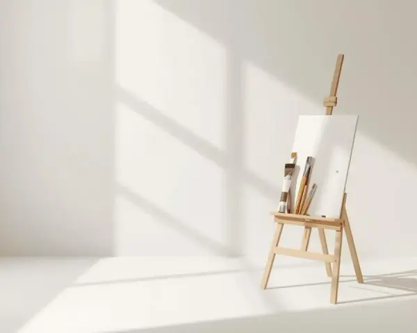 Chevalet en bois avec une toile avant peinture et des pinceaux, dans une pièce baignée de lumière naturelle.