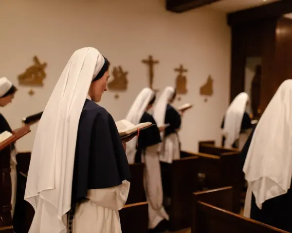 Nuns in a chapel reading from books. This scene offers a glimpse into how to join a monastery female, showcasing devotion and study.