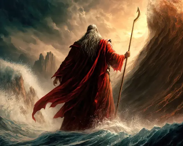 Moses, the biblical prophet, parts the Red Sea with his staff, leading his people to freedom.