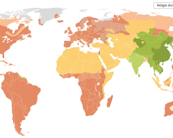 Mapa świata ukazująca dominujące religie. Tanzania, podobnie jak duża część Afryki, jest zaznaczona kolorem pomarańczowym, co oznacza chrześcijaństwo.