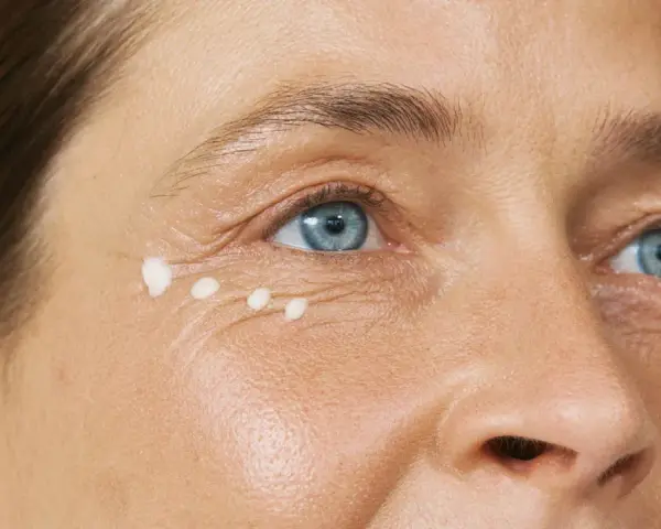 Augenpartie einer Frau über 40 mit feinen Linien und aufgetupfter Creme.