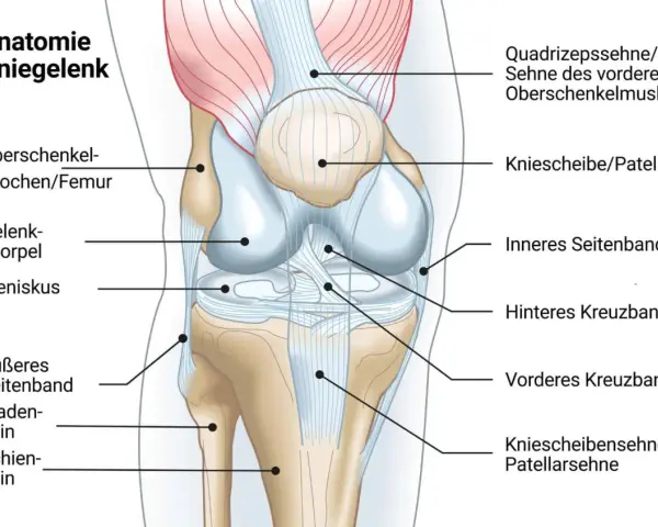 Anatomie des Kniegelenks mit Beschriftungen. Mögliche Ursache für seitliche Knieschmerzen: das äußere Seitenband.