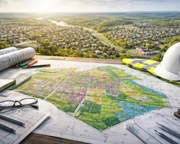 Na stole leży kolorowy plan ogólny gminy, obok biały kask, kamizelka odblaskowa i przybory kreślarskie. W tle rozciąga się malowniczy krajobraz z rzeką i zabudowaniami.