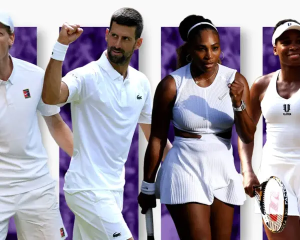 Tenistas celebran victoria. Novak Djokovic, Serena y Venus Williams, y otro jugador, listos para la acción cuando juega sinner.