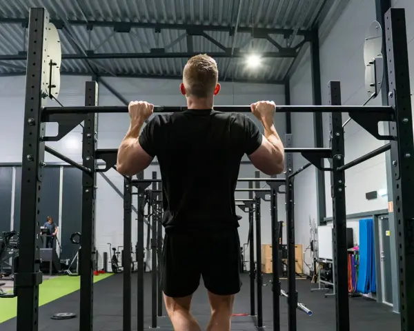Man tränar pull ups i ett modernt gym.